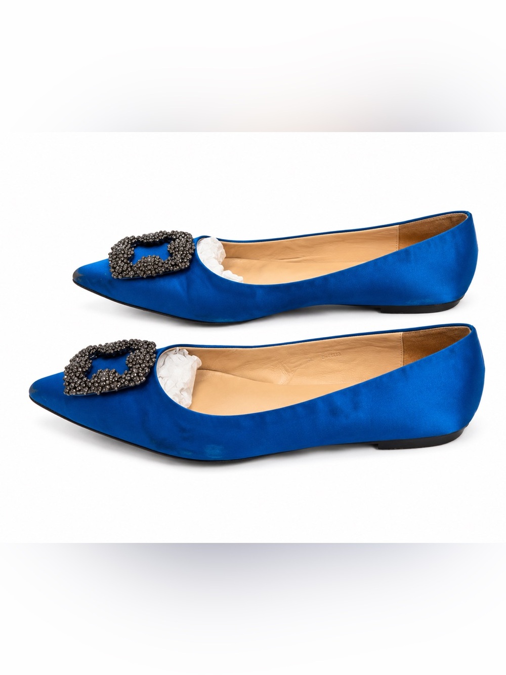 Manolo Blahnik Hangisi Blue Satin Crystal Buckle Flats EU 38 - Picture 5 of 9
